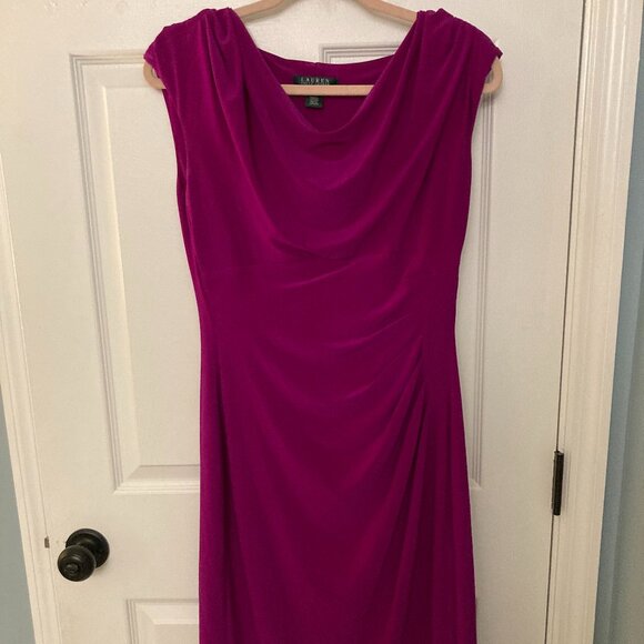 Lauren by Ralph Lauren Fuchsia Pink Business Cocktail Ruched Midi Dress - Picture 3 of 5